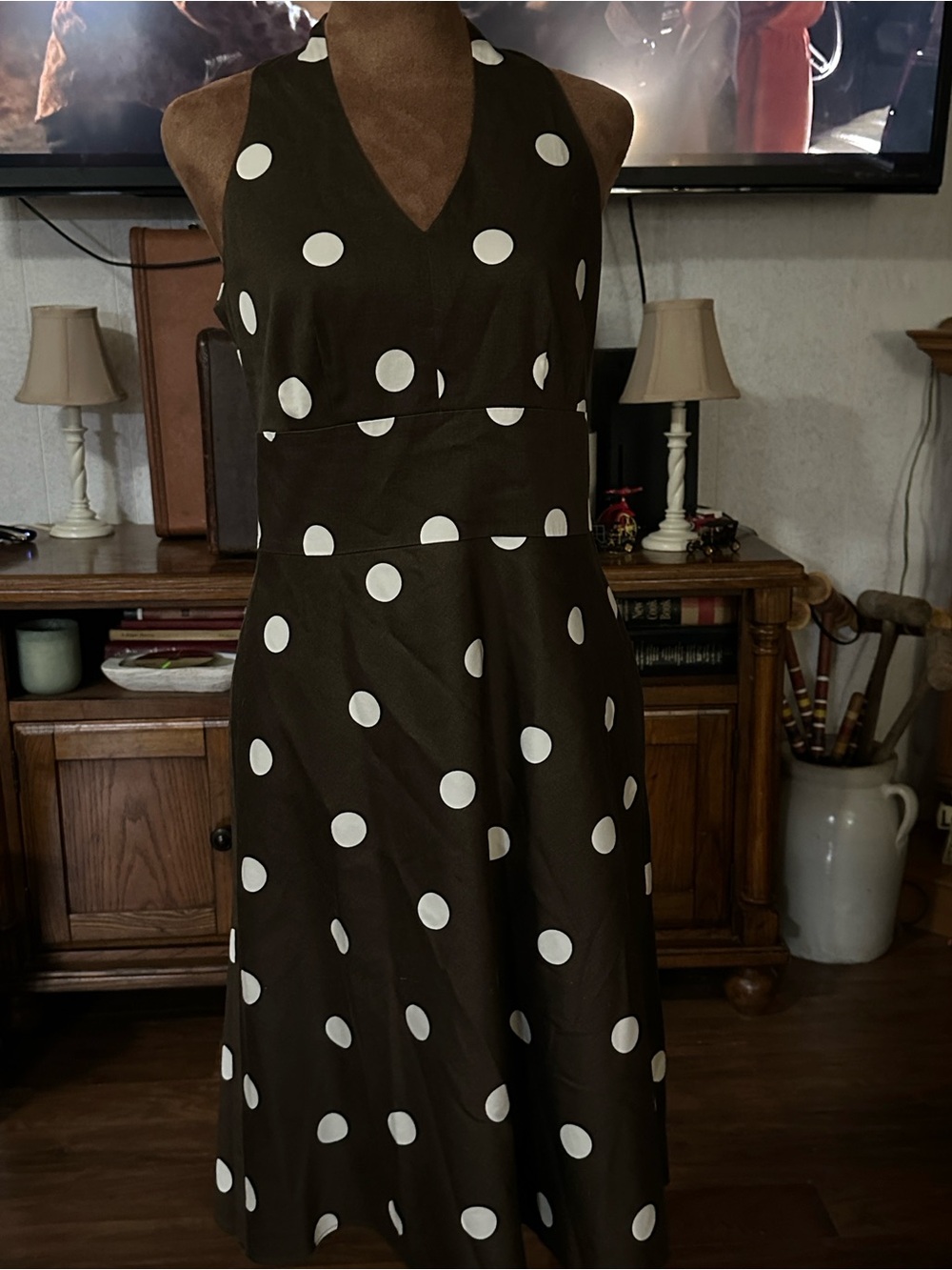 Ann Taylor Petites 6P Brown Ivory Polka Dot Halter Midi Dress Retro A-Line
